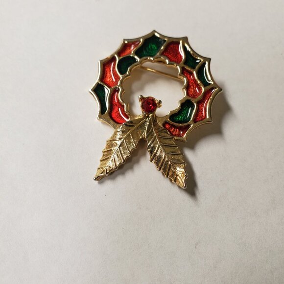 Vintage Signed BJ Christmas Wreath Brooch - Picture 3 of 7